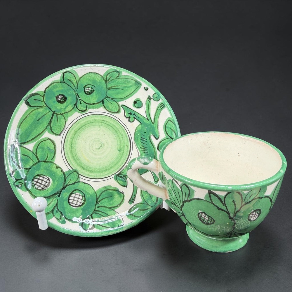 Vintage Italian Pottery Hand‎ Painted Green Floral Espresso Cup and Saucer Set